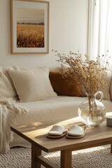 Fototapeta premium Warm and cozy living room interior with red mock up poster frame, copy space, stylish beige sofa, patterned pillow, coffee table and personal accessories. Home decor, Generative AI