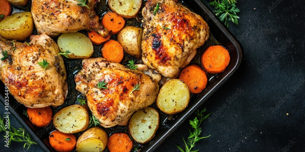 Poster top view of cooked chicken, along with cooked carrots and potatoes.
