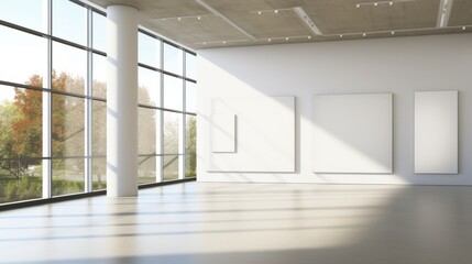 Fototapeta premium A sunlit, empty art gallery showcases large white-framed canvases, inviting contemplation in a minimalist space.