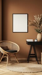 Warm and cozy composition of workspace interior with mock up poster frame, black desk, wooden stand, rattan armchair, brown wall, vase with leaves and, Generative AI