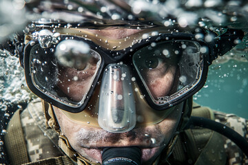 Professional diver exploring underwater life world flora fauna, Generative AI