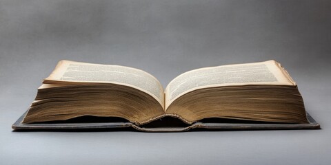 Close-up of an open book with copyspace on a gray background. Literature, reading, writing, leisure activities, and books.