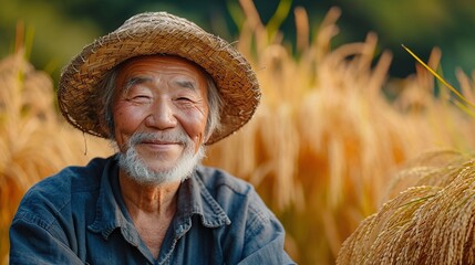 Fototapeta premium Close-up of an Asian farmer wearing a straw hat stands smiling happily at a rice field.Close-up of an Asian farmer wearing a straw hat stands smiling happily at a rice field.