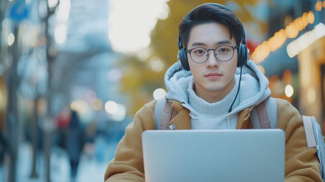 Modern Youth on Laptop in Cityscape