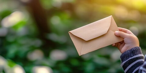 Child holding an envelope, a gift for mom, wishing a happy Mother's Day.
