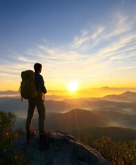 Obraz premium Hiker Pausing at Summit While Enjoying Sunrise View