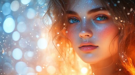 Fototapeta premium A closeup of a woman's face intertwined with delicate, twinkling fairy lights, casting a gentle, mesmerizing glow.