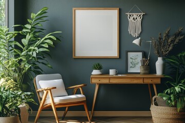 Design home interior of living room with stylish chair and wooden desk, plants, flowers, table lamp, mock up poster frame, macrame and elegant accessories. Stylish home decor. Template. Gray