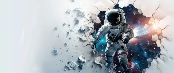 Astronaut breaking through a white background with outer space behind, creating a banner with space for custom messaging.