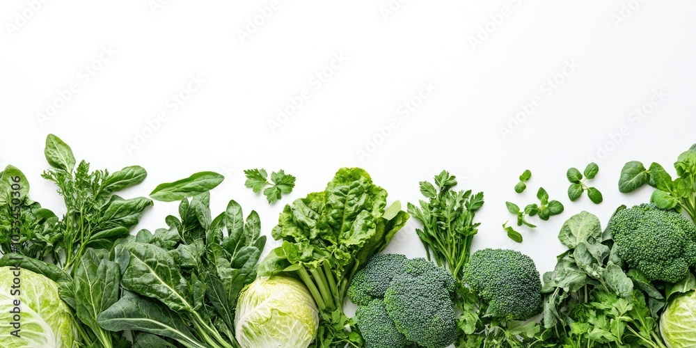 Poster a collection of fresh raw green vegetables isolated on a white background with copyspace for text. c
