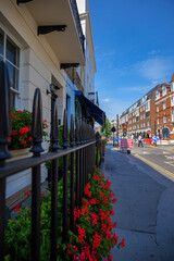 London - 06 15 2022: View of Ebury with red geraniums