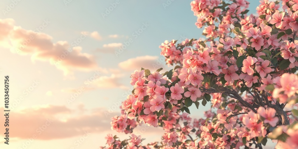 Poster Blossom pink tree. Flowering pink apple tree in spring set against a backdrop of a clear sky and clouds.