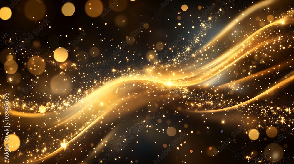 Poster a shimmering golden wave of light and bokeh effects against a dark backdrop, creating a magical and 