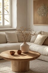 Creative composition of stylish modern spacious living room with grey sofa, wooden cubes, pillows, plaid, carpet, white vases and small personal accesories. Copy space, Generative AI