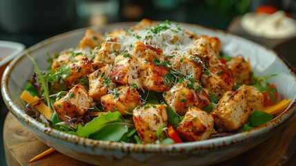Fototapeta premium Grilled chicken pieces are placed on a bed of fresh greens in a bowl. Concept is a healthy and appetizing meal. For food photography and menu design..