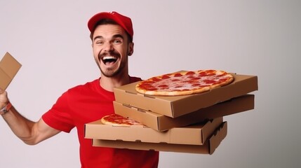 An enthusiastic pizza delivery courier beams while holding multiple pizza boxes, capturing the spirit of service and fresh delivery.