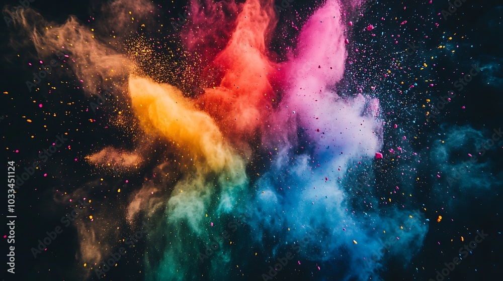 Poster a vibrant explosion of colored dust creates a dazzling display against a dark background, evoking en