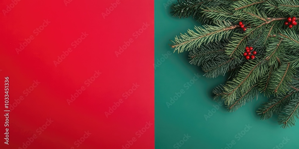 Aufkleber christmas tree branch against a red and green background. top view, flat lay. copy space for text. x