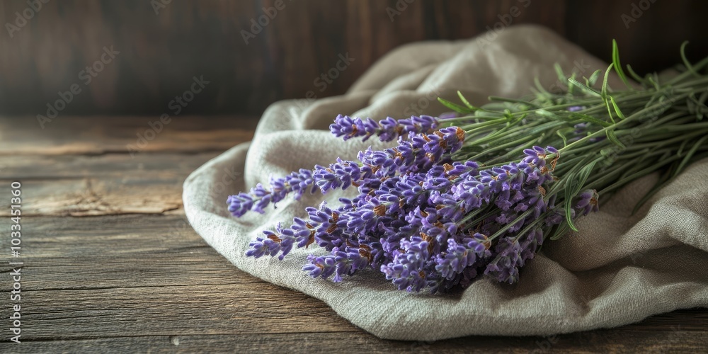 Poster a bundle of lavender flowers resting on a cloth on a wooden surface with copy space. a bundle of lav