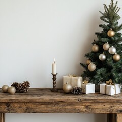 Minimalist composition of christmas interior with copy space, wooden console with sprace, christmas balls, candle with candlestick, blue wall, gifts and personal accessories. Home decor, Generative AI