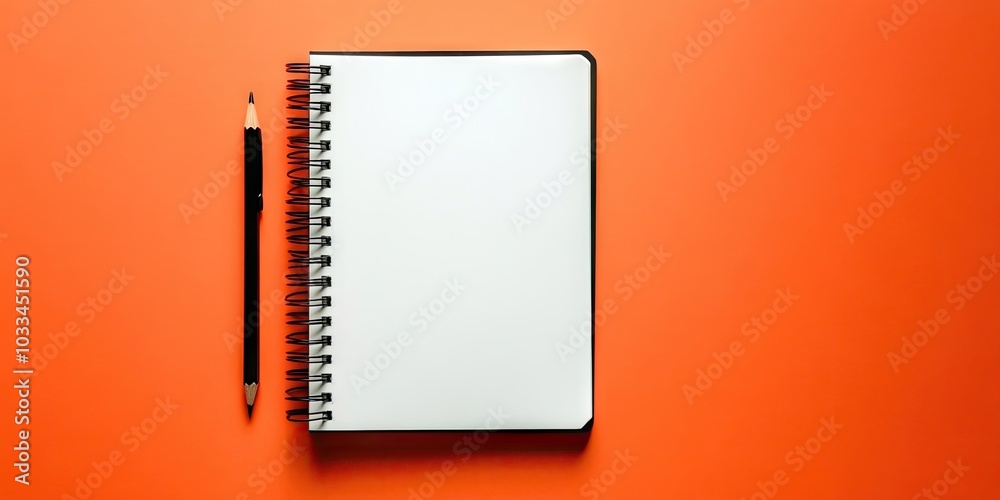 Leinwandbilder an empty notebook and pencil on an orange background, seen from above. copy space.