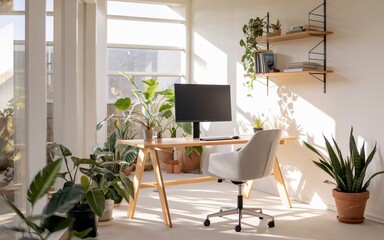 Fototapeta premium Create a Peaceful & Modern Home Office with Minimalist Decor, Natural Light, & Wooden Desk