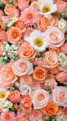 A vibrant arrangement of peach and white flowers, featuring roses and daisies, perfect for floral themes and celebrations.
