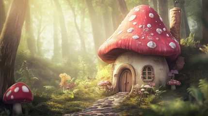 Mushroom house in enchanted forest, whimsical design, vibrant colors, lush greenery