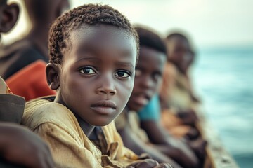 Portrait of homeless african black children and teenagers sitting in boat, they are migrants on their way to Europe