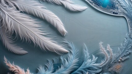 White feathers on blue background, soft texture