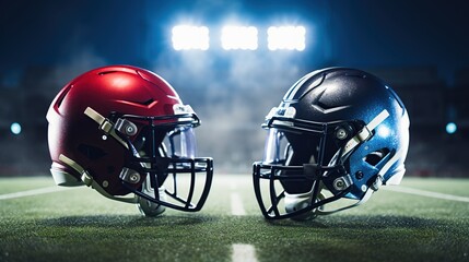 Fototapeta premium two American football helmets facing each other on football stadium with lights.