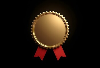 blank gold badge with ribbon isolated on black background create with ai