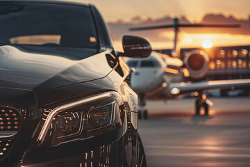 AI generated photo of private airplane business jet and luxury car at airport at sunset