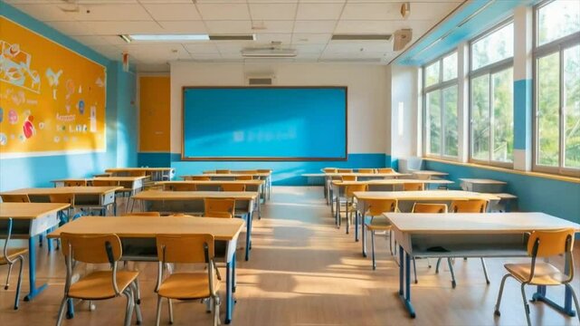 A spacious classroom featuring empty chairs and desks arranged for a meeting, with a bright and modern interior designed for education and collaboration