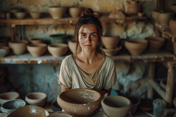 Generative AI realistic  photo in pottery workshop artist shop owner working with clay hobby
