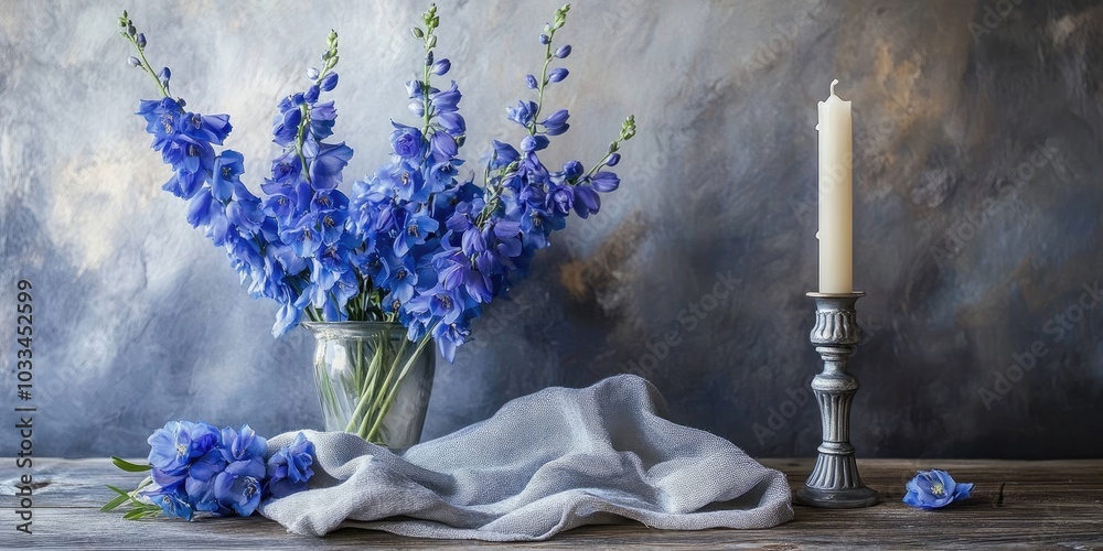 Aufkleber Tall blue delphinium flowers are arranged in a vase on the table alongside a candlestick and a fabric napkin.