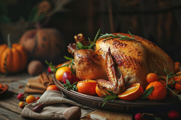 Beautiful thanksgiving dinner settings, holiday festive atmosphere dinner family gathering, generative ai image