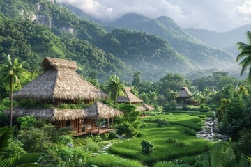traditional agricultural scene with a farmer harvesting in lush surroundings