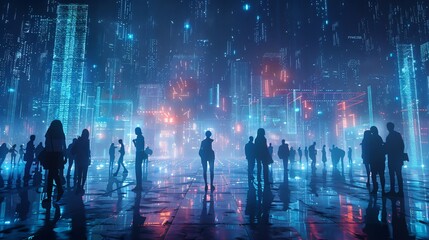 Obraz premium A dynamic background depicting a crowd in cyberspace, symbolizing the growth of the internet and technology. This image reflects the intersection of commerce and economy in the digital age.