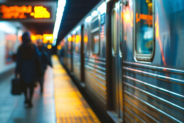 Futuristic modern public transport station with crowd of people, Generative AI image