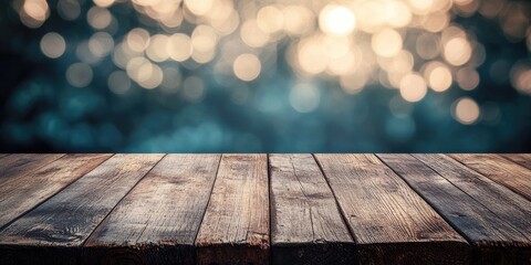 aged wooden tabletop against a grey bokeh background