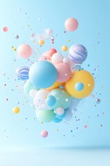 A vibrant explosion of colorful spheres in pastel shades, creating a whimsical and playful atmosphere against a light blue background.