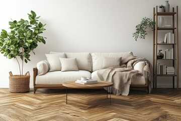 Fototapeta premium Modern scandianvian living room with design sofa with elegant blanket, coffee table and bookstand on the white wall. Brown wooden parquet. Concept of minimalistic, Generative AI