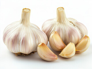Obraz premium Fresh garlic bulbs and cloves isolated on a white background showcasing their natural texture and color