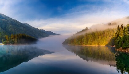 Obraz premium Fog is covering the lake in a mountain valley at sunrise