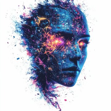 Disintegrating face split into chaotic glitch fragments with neon digital graffiti swirling around in a vivid surreal glitchpunk style composition  This futuristic