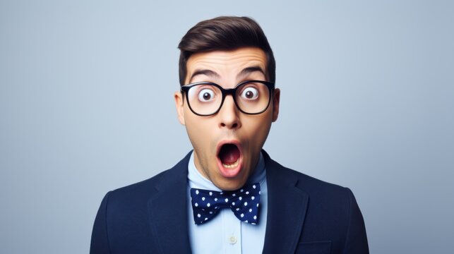 A man in glasses and a bow tie displays an exaggerated look of surprise against a plain background.