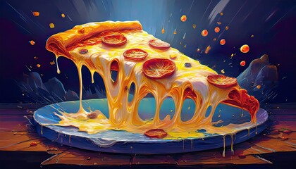 Delicious melted pepperoni pizza slice dripping cheese on plate