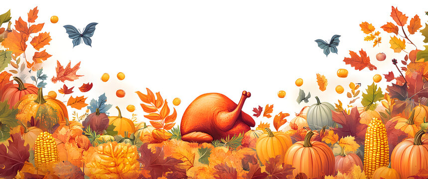 Vector border Thanksgiving. Seamless Autumn food roast turkey corn wine pumpkin family dinner greeting card repeating pattern design. Harvest festival. Fall party invitation banner. Happy Thanksgiving - Powered by Adobe