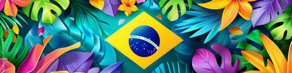 Wall mural brazil banner design featuring the brazilian flag with geometric shapes, on a background that incorp